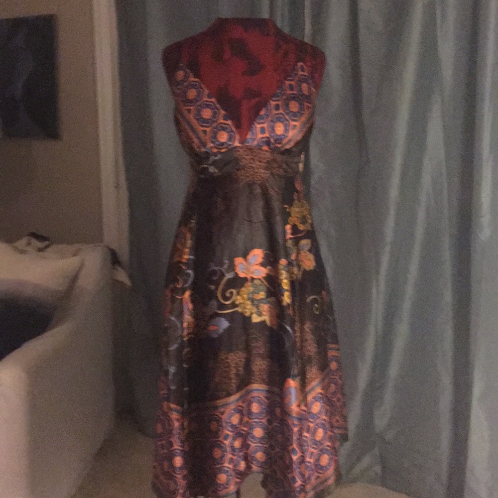Single Dress boho brown silk print dress M - Picture 2 of 8